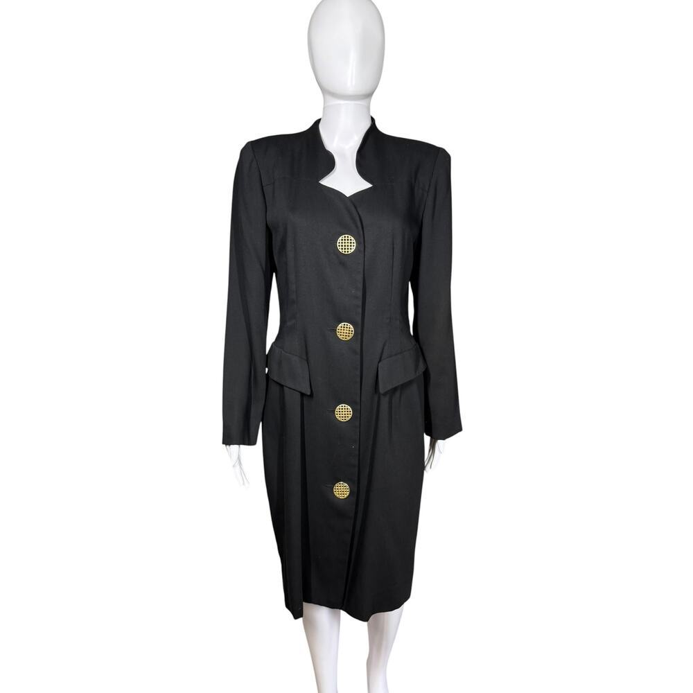 Leslie Fay Dressed Vintage 80s Black Gold Button Dress Size Medium